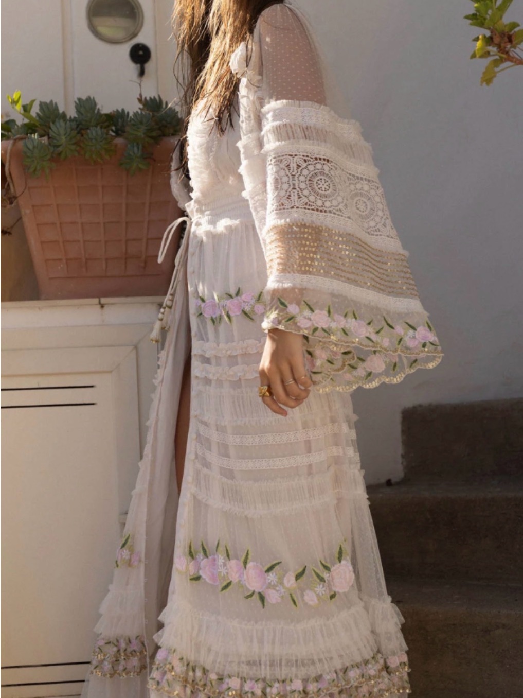 Fillyboo Cream Maxi Dress With Pink Floral Embroidery